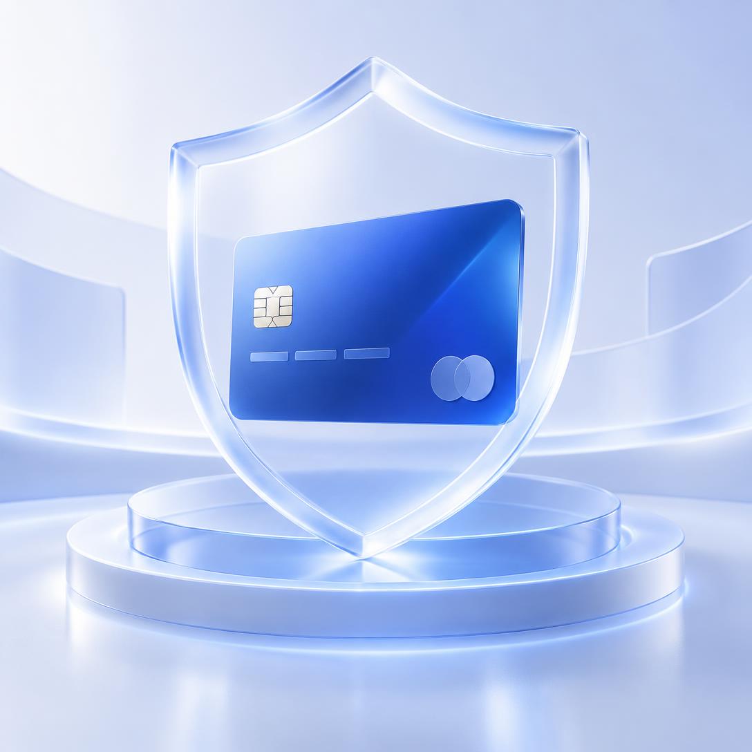 Escudo transparente protegendo um cartão azul